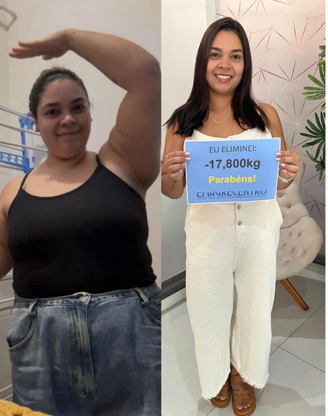 Comparação de antes e depois de uma cliente da Emagrecentro Sertãozinho