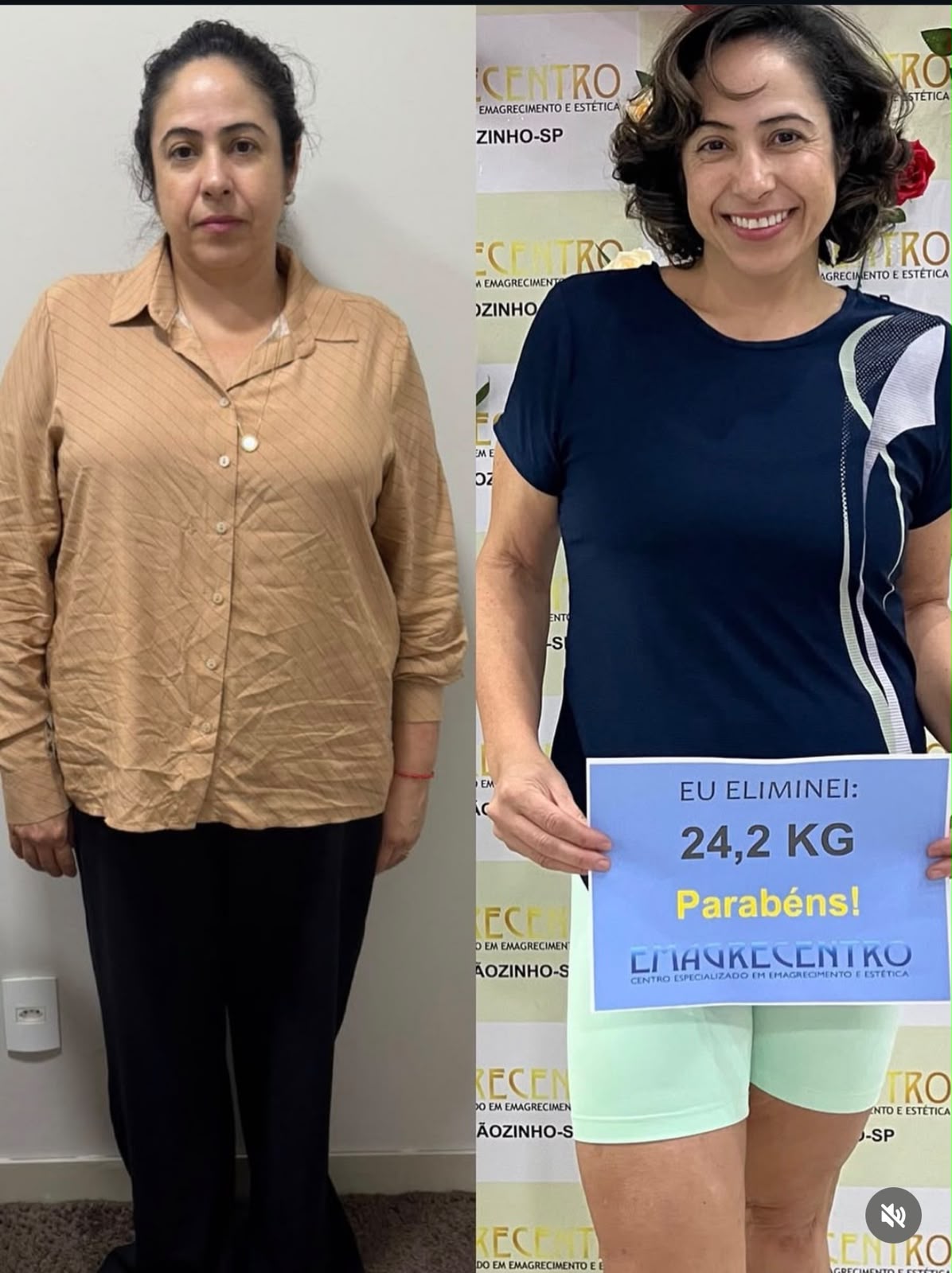 Comparação de antes e depois de uma cliente da Emagrecentro Sertãozinho